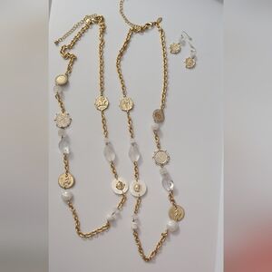 Set Coin Belt Necklace Earrings Gold Chain Glass Beads Mop Chico's Long Matte